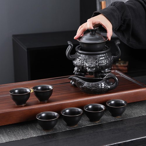 fanquare Chinese Gongfu Tea Set for 6, Rotating Tea Cup with Semi-automatic Base, Porcelain Tea Set for Home, Handmade Ceramic Tea Cups, Fair Cup, Gaiwan, Black