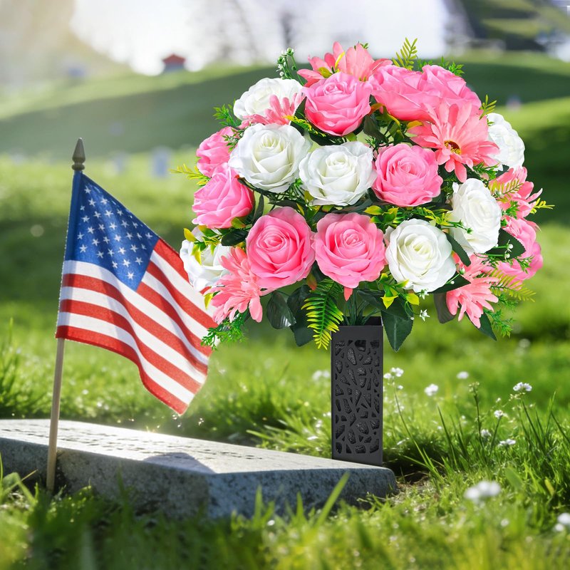 Yastouay 3 Sets Artificial Cemetery Flowers for Grave with Vase, Grave Decorations for Cemetery with Rose Carnation Flowers for Memorial Cemetery Grave Tombstone Decorations