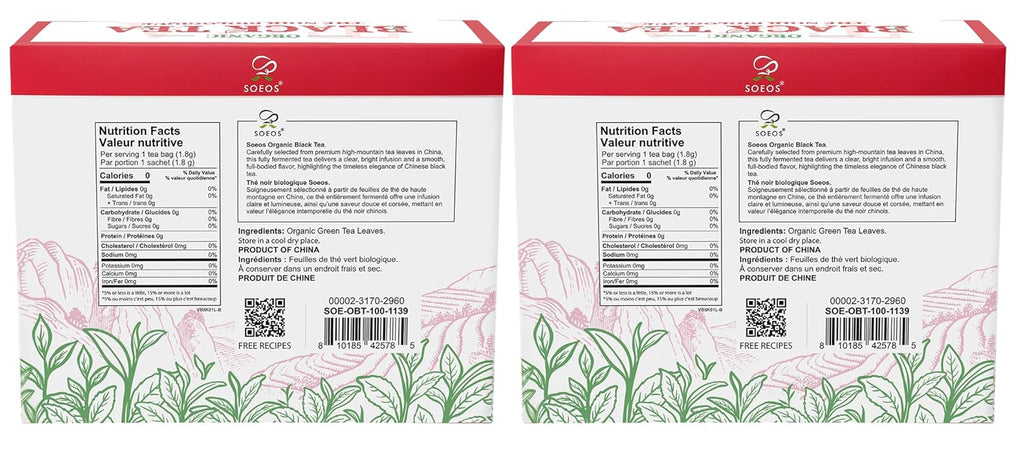 Soeos Organic Black Tea Bags - Bold Aroma & Smooth Flavor | 6.3oz (180g) Pack of 2, Premium Quality