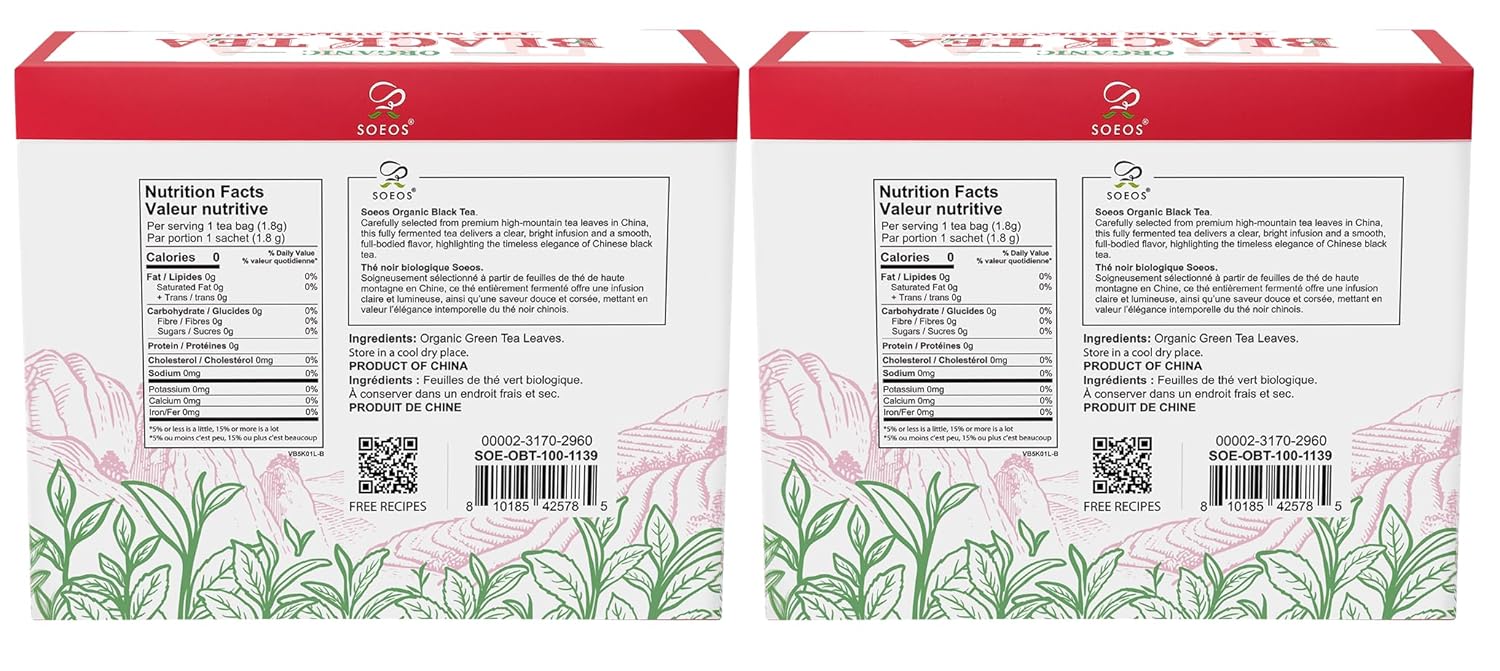 Soeos Organic Black Tea Bags - Bold Aroma & Smooth Flavor | 6.3oz (180g) Pack of 2, Premium Quality