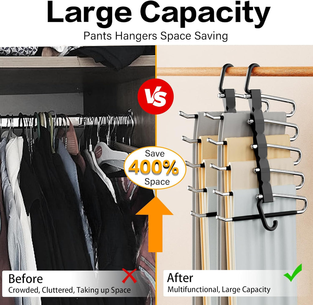 Skiennix Pants Hangers - Space-Saving 2-Pack Stainless Steel Closet Organizer | Anti-Slip Jean & Leggings Rack, Black