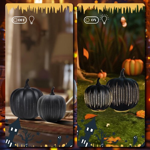 Halloween Glass Pumpkin Light up for Table Centerpiece Decorations Set of 2 Illuminated Starry Night Glass Pumpkins Twinkle LED Light up Fall Halloween Indoor Decoration for Home Black