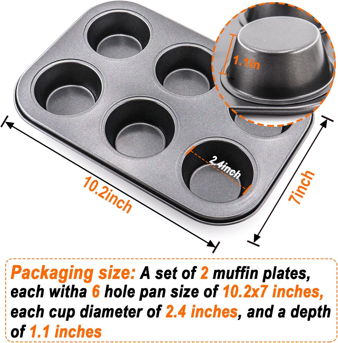 Premium Steel Muffin Baking Pan by [Brand Name] - 2 Pack Round Cupcake & Cheesecake Bakeware (6 Cups, Black)
