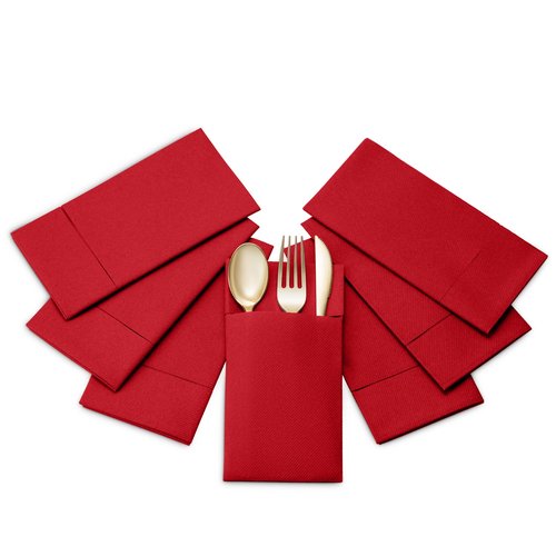 50-Pack Disposable Linen-Feel Dinner Napkins with Built-in Flatware Pocket, BRIGHT RED Prefolded Cloth Like Paper Napkins For Christmas, Dinner, Wedding Or Party [Silverware NOT Included]