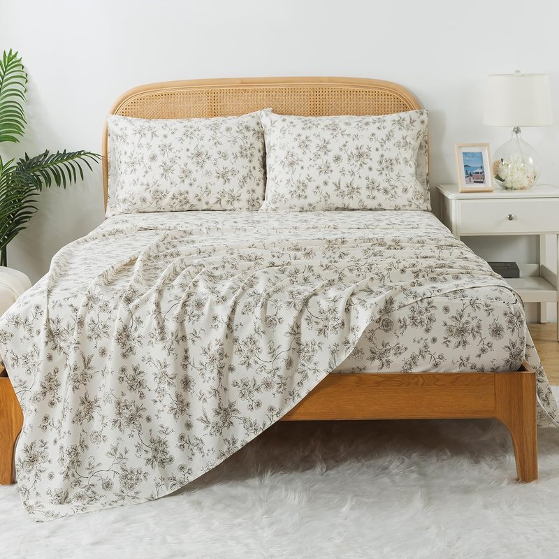 Zusbest California King Tan Floral Sheets 100% Cotton Beige Patterned Bed Sheet Set Vintage Peony Flower Toile Printed Bedding Soft Breathable Crisp Percale Sheets Deep Pocket 17.5'', 4 Pcs