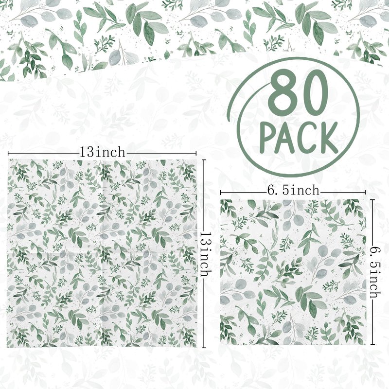 Kamiilah 80 Pack Spring And Summer Green Leaf Napkin 6.5×6.5 Inch Disposable Decorative Watercolor Eucalyptus Leaves Plant Picnic Dessert Dinner Party Wedding Supplies Napkin