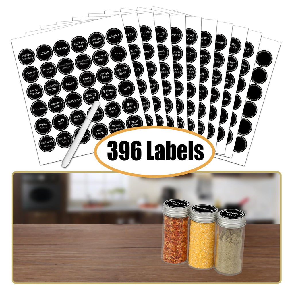 SWOMMOLY 3 Tier Spice Rack Organizer with 24 Empty Round Spice Jars, 396 Spice Labels, Funnel and Chalk Marker Complete Set, Black