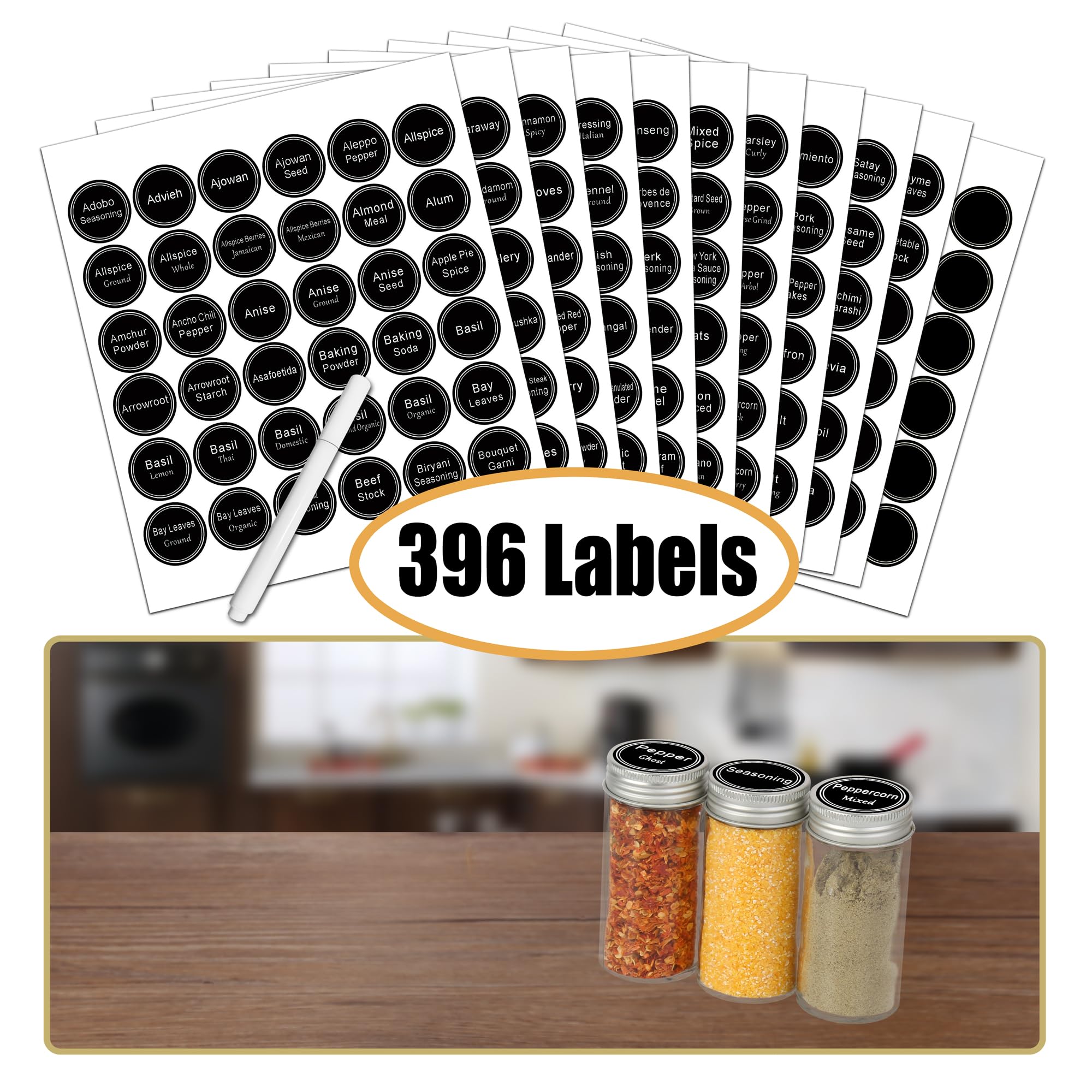 SWOMMOLY 3 Tier Spice Rack Organizer with 24 Empty Round Spice Jars, 396 Spice Labels, Funnel and Chalk Marker Complete Set, Black