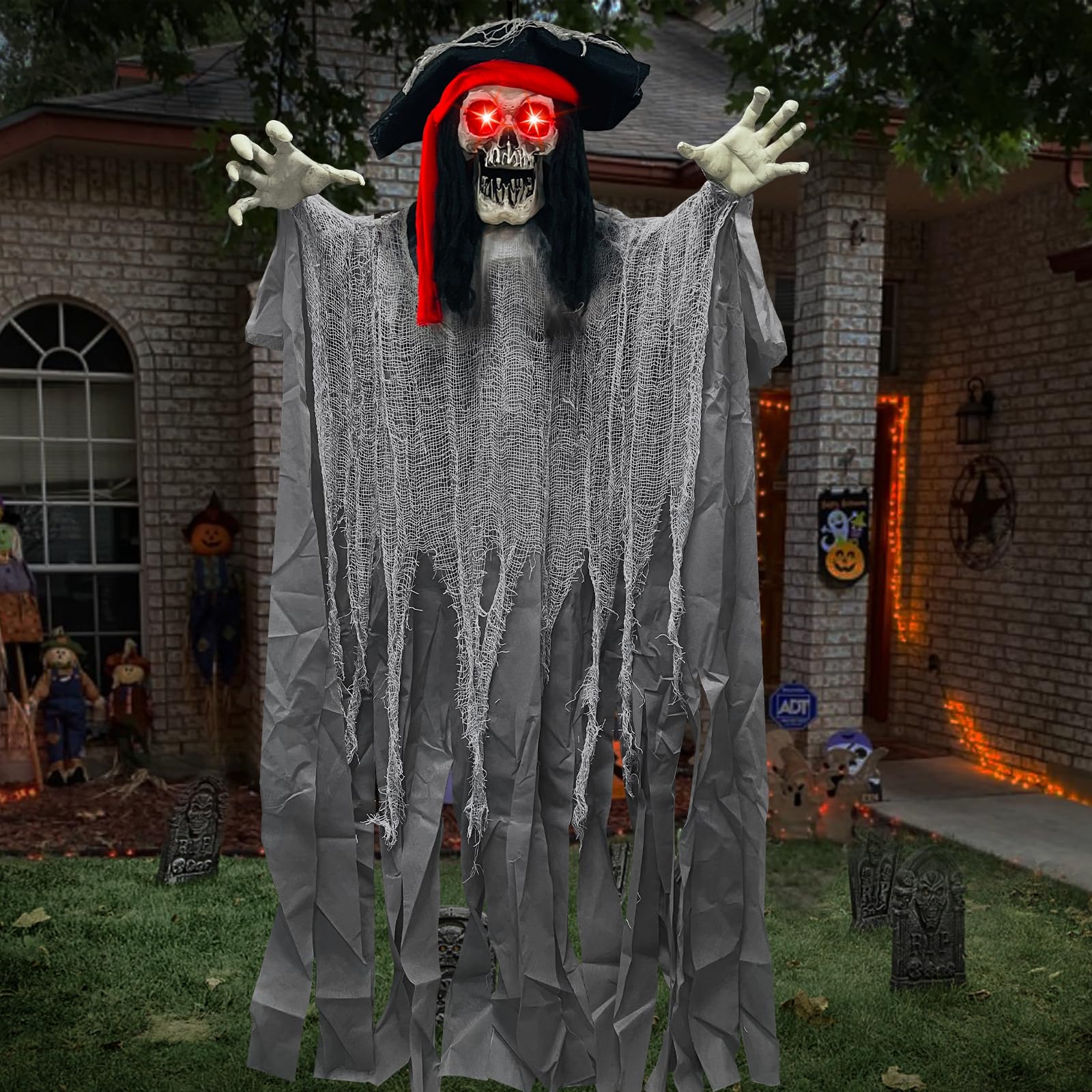 [ Sound Activated & Large ] 70 Inch Halloween Animatronic Hanging Talking Pirate Ghost Decoration Light up Eyes Shake Life Size Skull Skeleton Halloween Decor Outdoor Haunted House Prop Yard Party