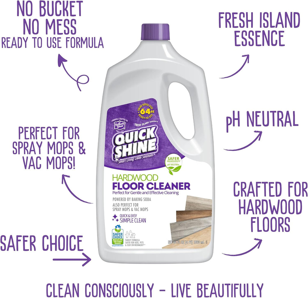 Quick Shine Hardwood Floor Cleaner 64oz - Streak-Free, No Rinse Formula | Ideal for Spray & Vac Mops