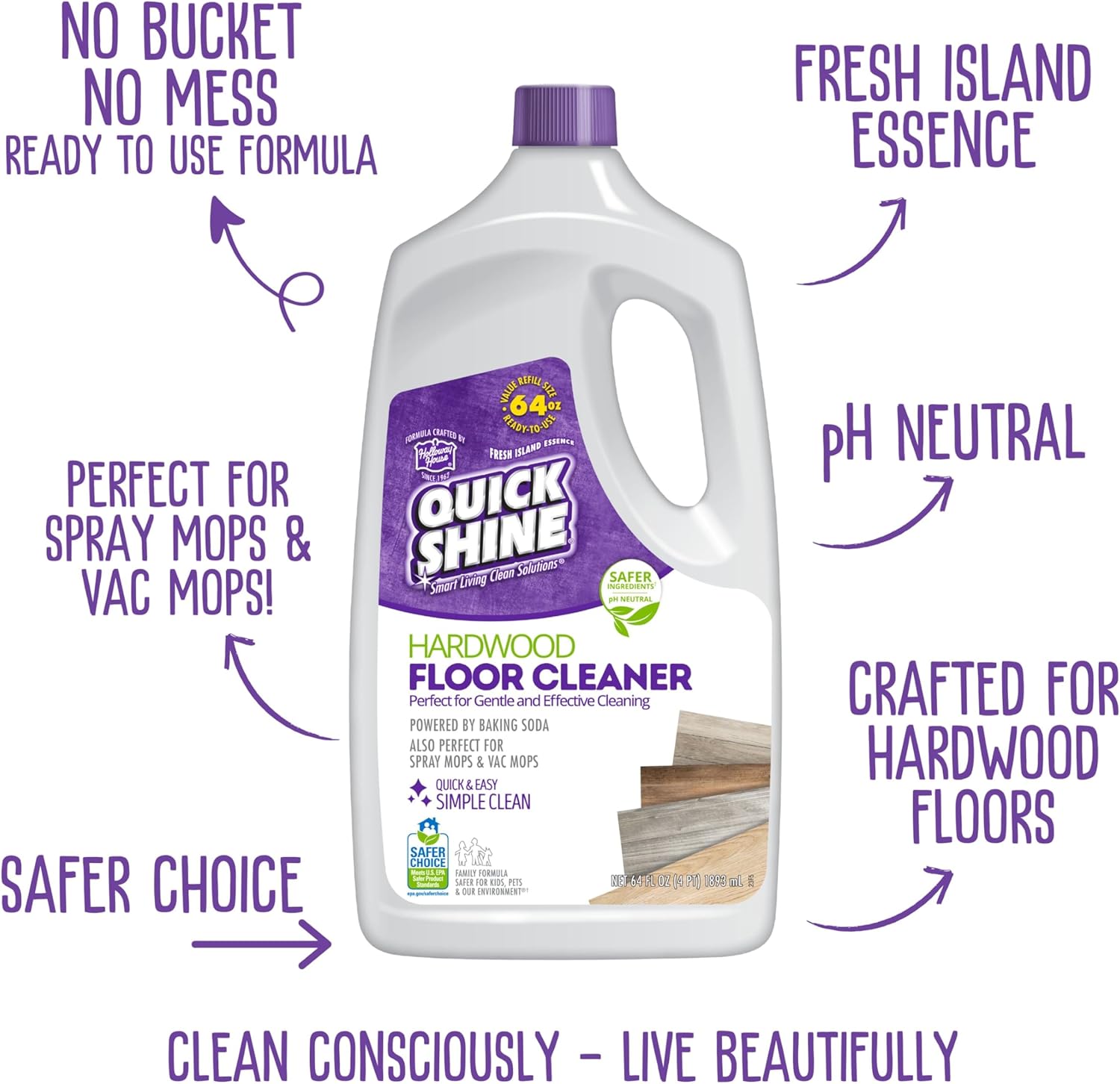 Quick Shine Hardwood Floor Cleaner 64oz - Streak-Free, No Rinse Formula | Ideal for Spray & Vac Mops