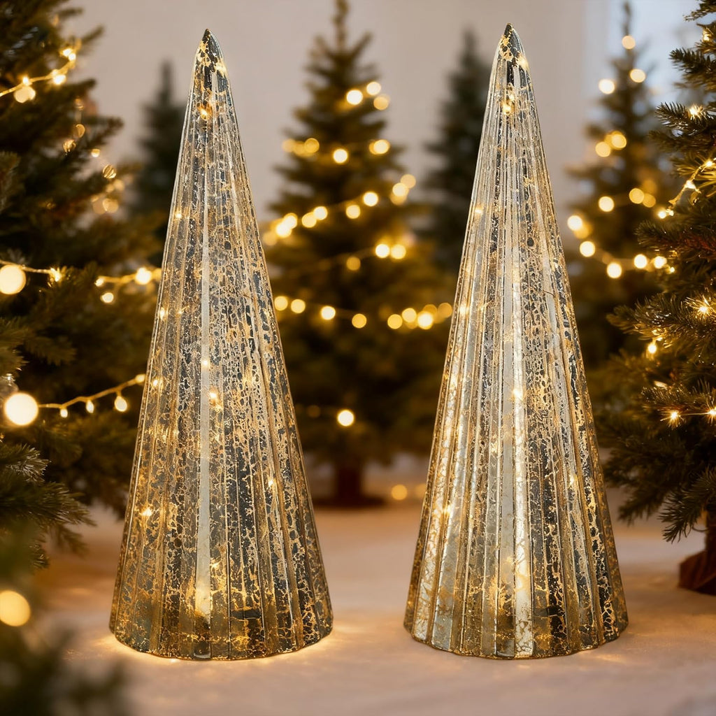 Regine Switzerland Set of 2 Mercury Glass Christmas Tree Figurines - LED Indoor Table Centerpiece Decorations