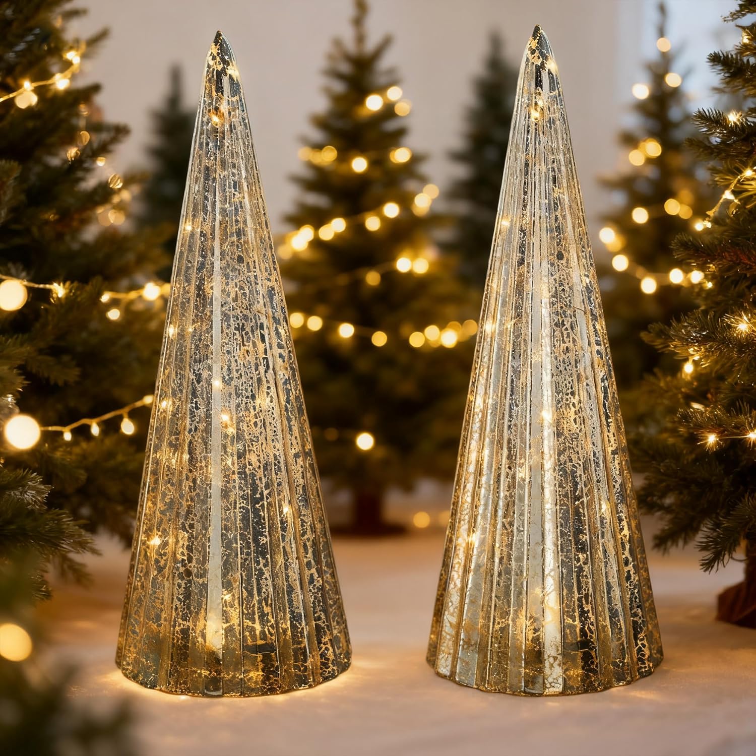 Regine Switzerland Set of 2 Mercury Glass Christmas Tree Figurines - LED Indoor Table Centerpiece Decorations