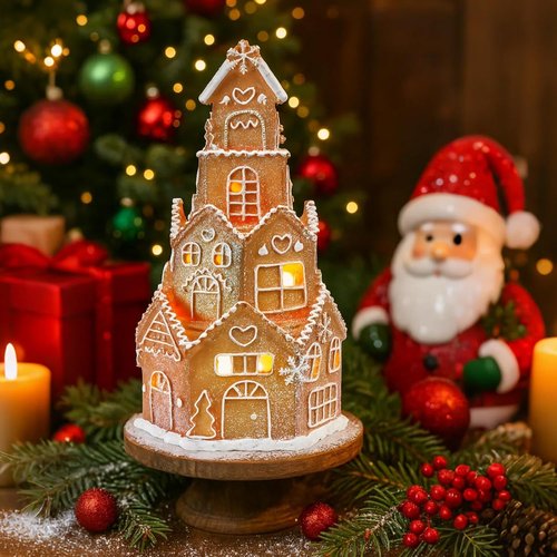 Beeveer LED Christmas Gingerbread House Decoration - Charming Resin Village Set | 5 x 5 x 8.25 Inch
