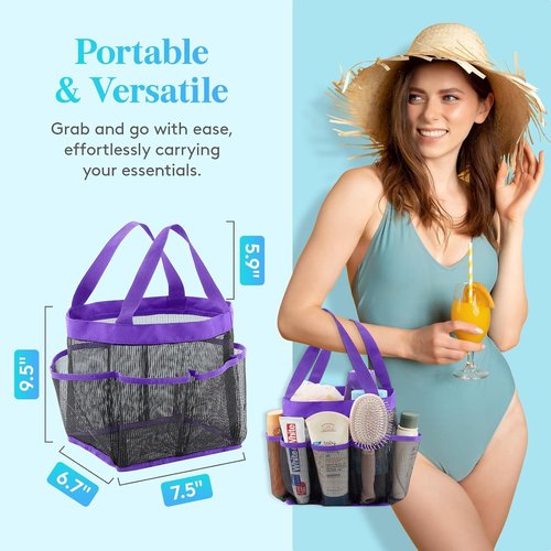 Lifewit Portable Mesh Shower Caddy - Quick Dry Tote Bag with 7 Pockets for College & Travel | Purple