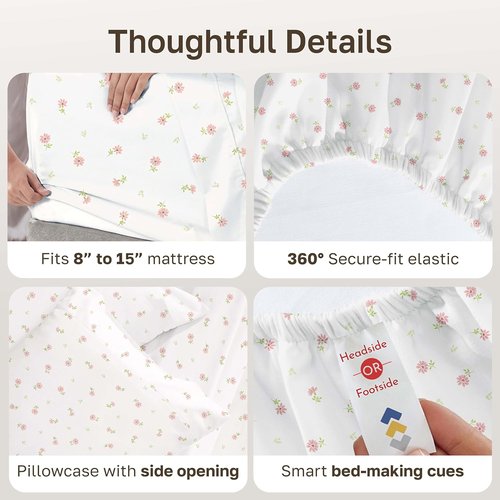 California Design Den Twin Bed Sheets Set - 100% Cotton, 400 Thread Count, Smooth Sateen Finish, Floral Design