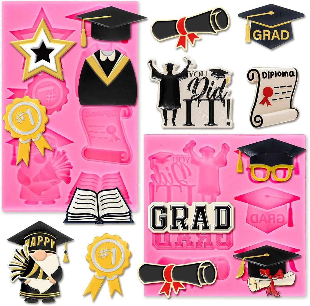 Whaline 2Pcs Graduation Fondant Molds - 3D Silicone Caps & Scrolls for 2026 Party Baking