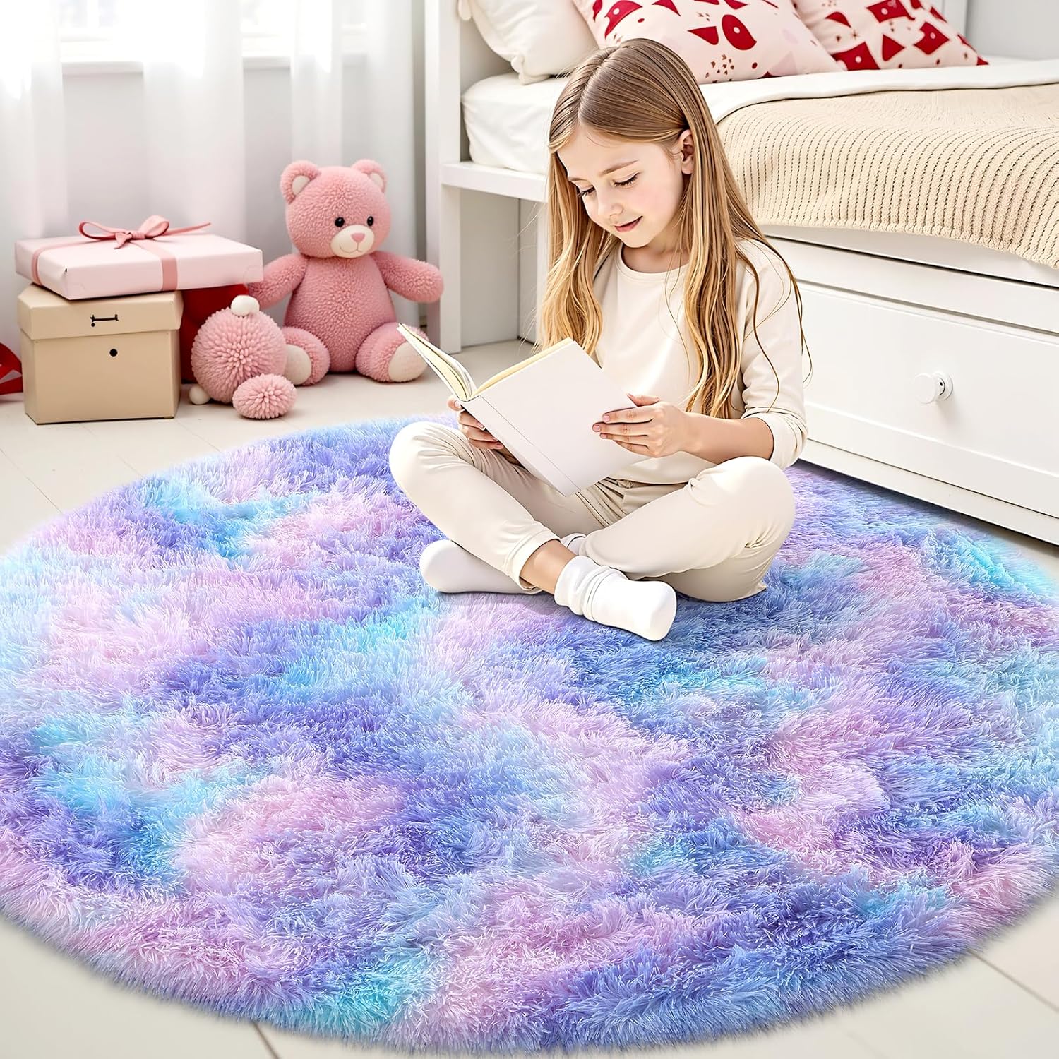 OLANLY Round Purple Rainbow Rug - Soft, Fluffy Shaggy Carpet for Bedroom | 4x4 Feet Machine Washable Area Rug