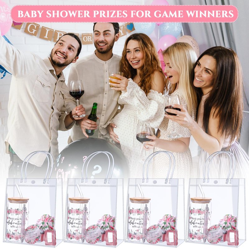 Boao 6 Set Baby Shower Game Prizes for Player Winners Tumblers with Lids Straws Mirrors Hair Scrunchies Pens Hair Clips Gift Bags for Baby Bridal Shower Wedding Game Favors(Pink Flower)