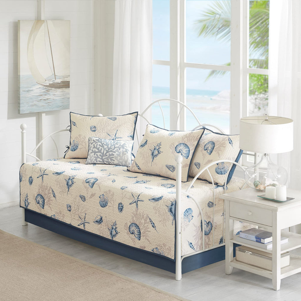 Madison Park Daybed Cover Double Sided Quilting Casual Design All Season Bedding Set with Bedskirt, Matching Shams, Decorative Pillow, 75 in x 39 in, Seashell Blue