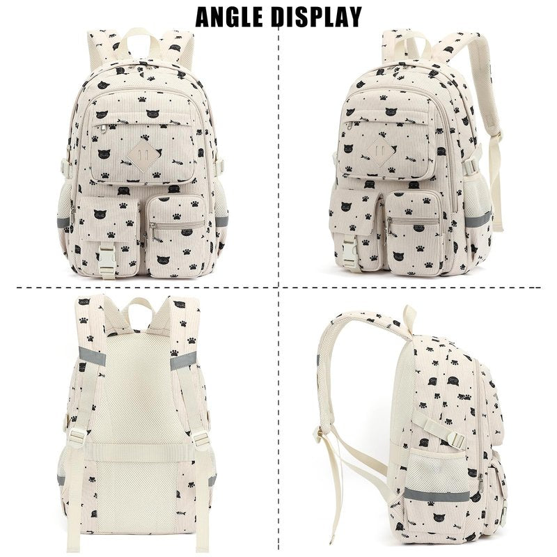 Xunteny Corduroy School Backpack for Girls Boys, Kids Teens School Bookbags Schoolbag Set with Lunch Box Pencil Bag (Cat)