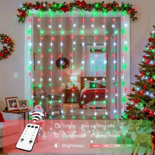 JMEXSUSS 300LED Christmas Curtain Lights - Remote-Controlled Indoor & Outdoor Twinkle Lights | 9.8x9.8ft Red, White & Green Decor
