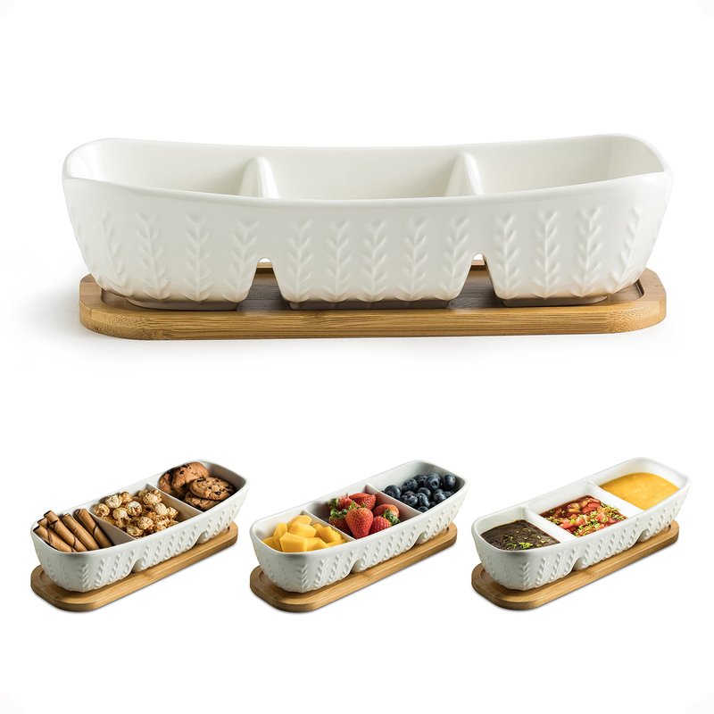 Miamolo 3 Compartment Condiment Tray, Chip and Dip Bowl with Wooden Serving Tray, Perfect for Snacks, Appetizers, Charcuterie, Chips, Candy, 10-inch Chip and Dip Serving Set for Parties