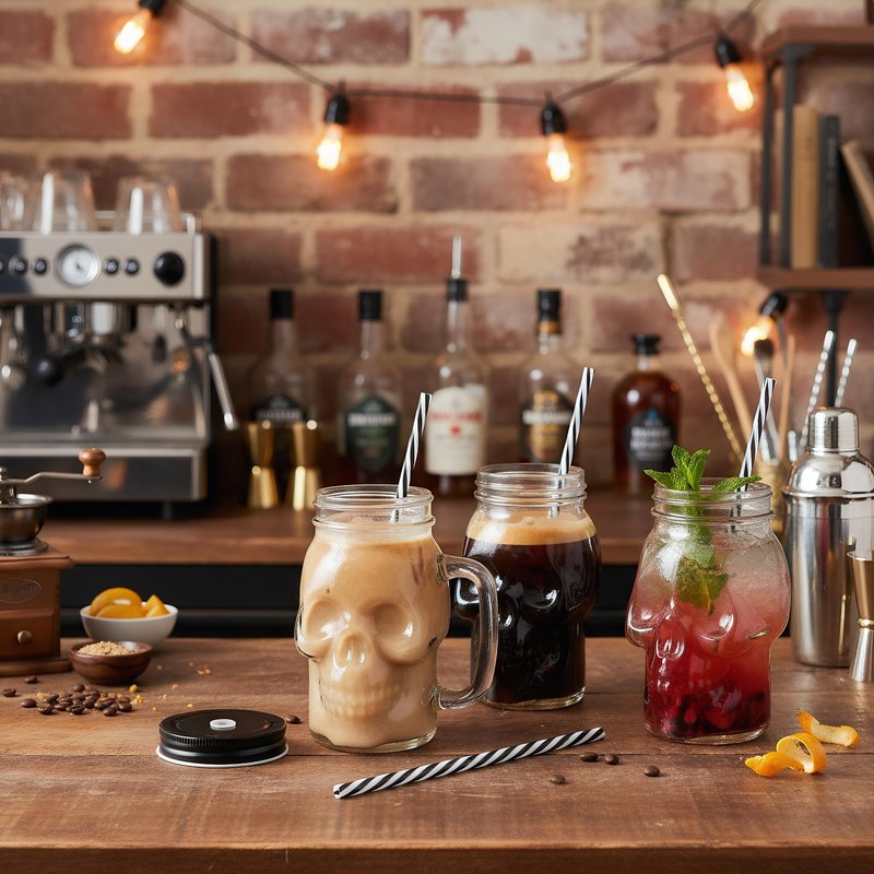 TOPZEA 6 Pack Mason Jars Mugs, 16 oz Glass Skull Mason Drinking Mugs Tumbler Cup with Straws Old Fashioned Jar Drinking Glasses Heavy Base for Beverage, Brandy, Liquor, Jello