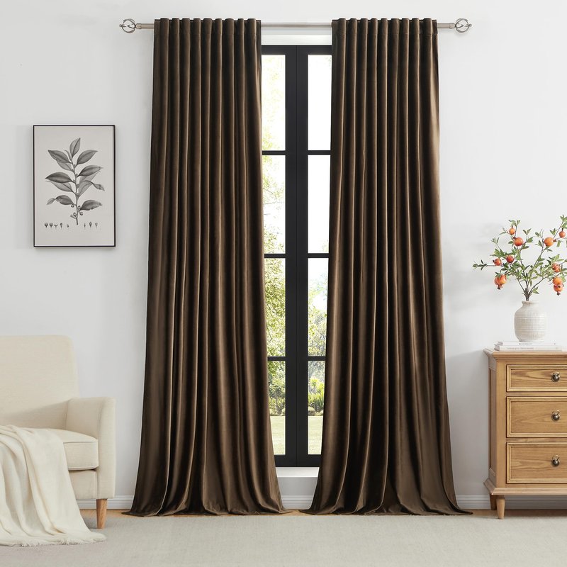 PRIMROSE Brown Polyester Velvet Curtains 102 inch Long for Living Room,Set of 2 Panels Blackout Rod Pocket Back Tab Window Treatment Room Darkening Heavy Decorative Curtains Drapes for Bedroom