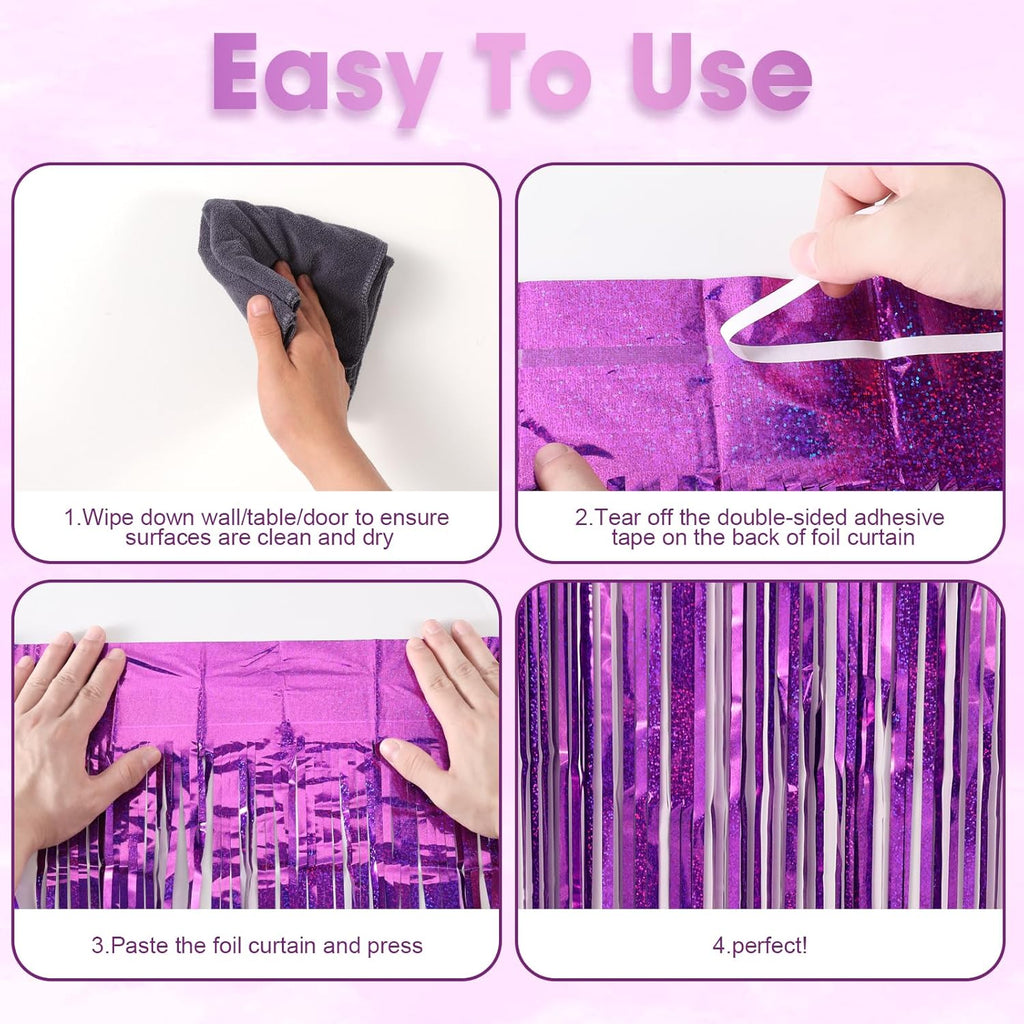 Voircoloria Laser Purple Foil Fringe Backdrop Curtains - 3 Pack 3.3 x 8.2 ft Tinsel Streamers for Parties