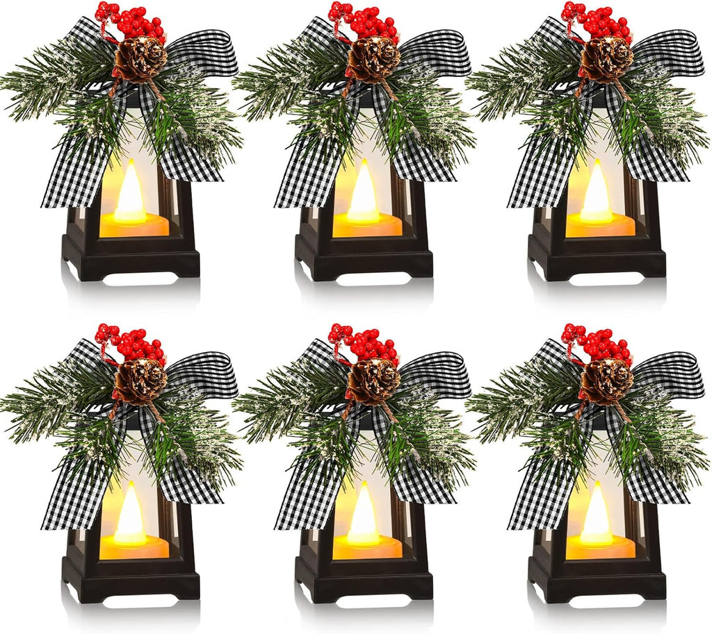 Regine Switzerland Christmas Mini Lanterns - Set of 6 Flickering LED Flameless Decor | Black & White Bow