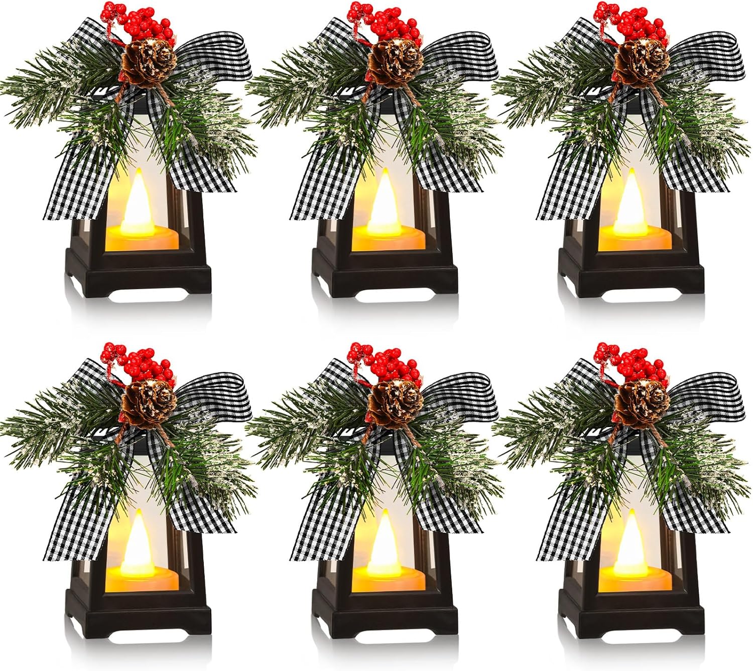 Regine Switzerland Christmas Mini Lanterns - Set of 6 Flickering LED Flameless Decor | Black & White Bow