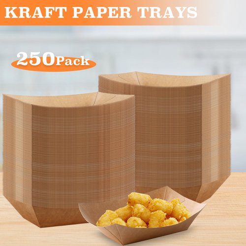 Xvvirnt 3lb Paper Food Trays, 250 Pcs Disposable Paper Food Boats, Disposable Nacho Trays, Kraft Serving Boats, Party Serving Tray for Nachos, Snacks, Chips, Hot Dogs, Popcorn, Party, Picnic, Wedding