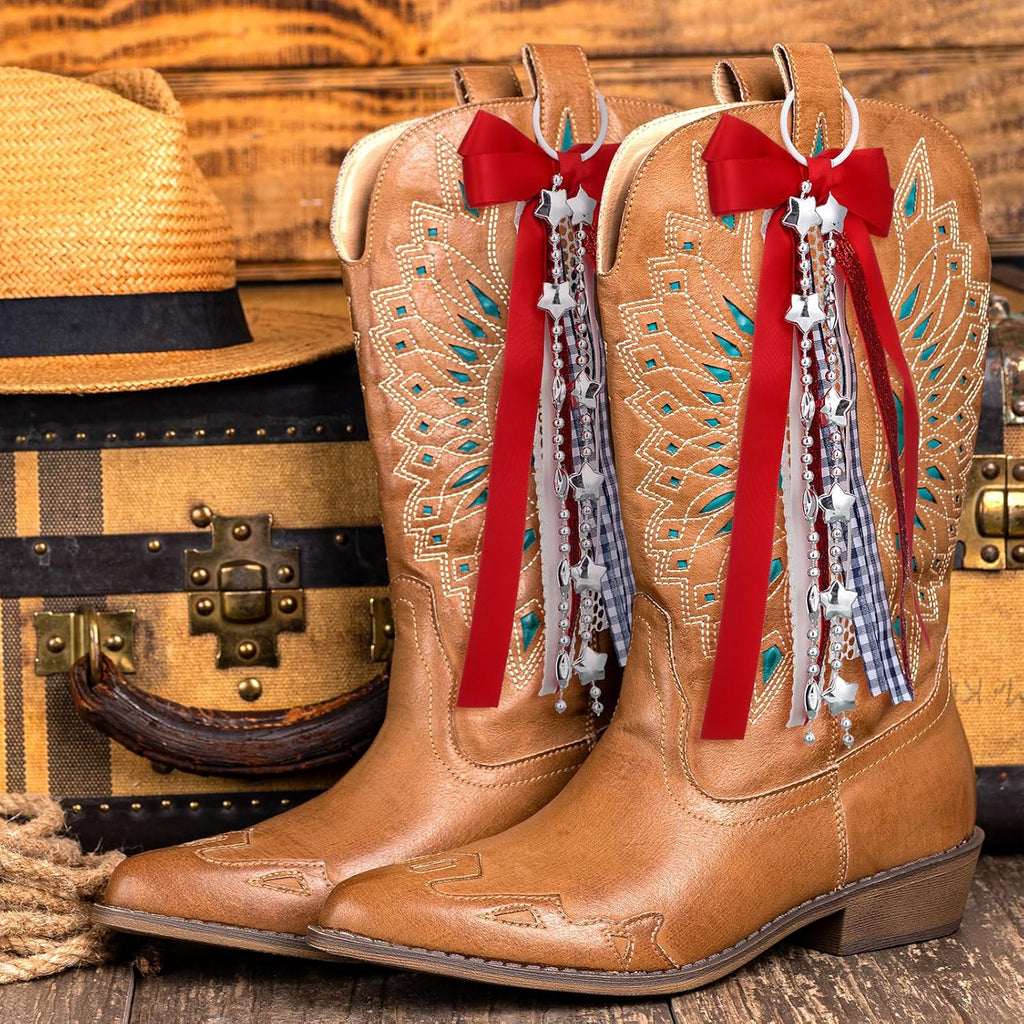 Norme Western Ribbon Boot Bows - 4 Pcs Buffalo Plaid with Glitter Pearl Lace | DIY Shoe Accessories