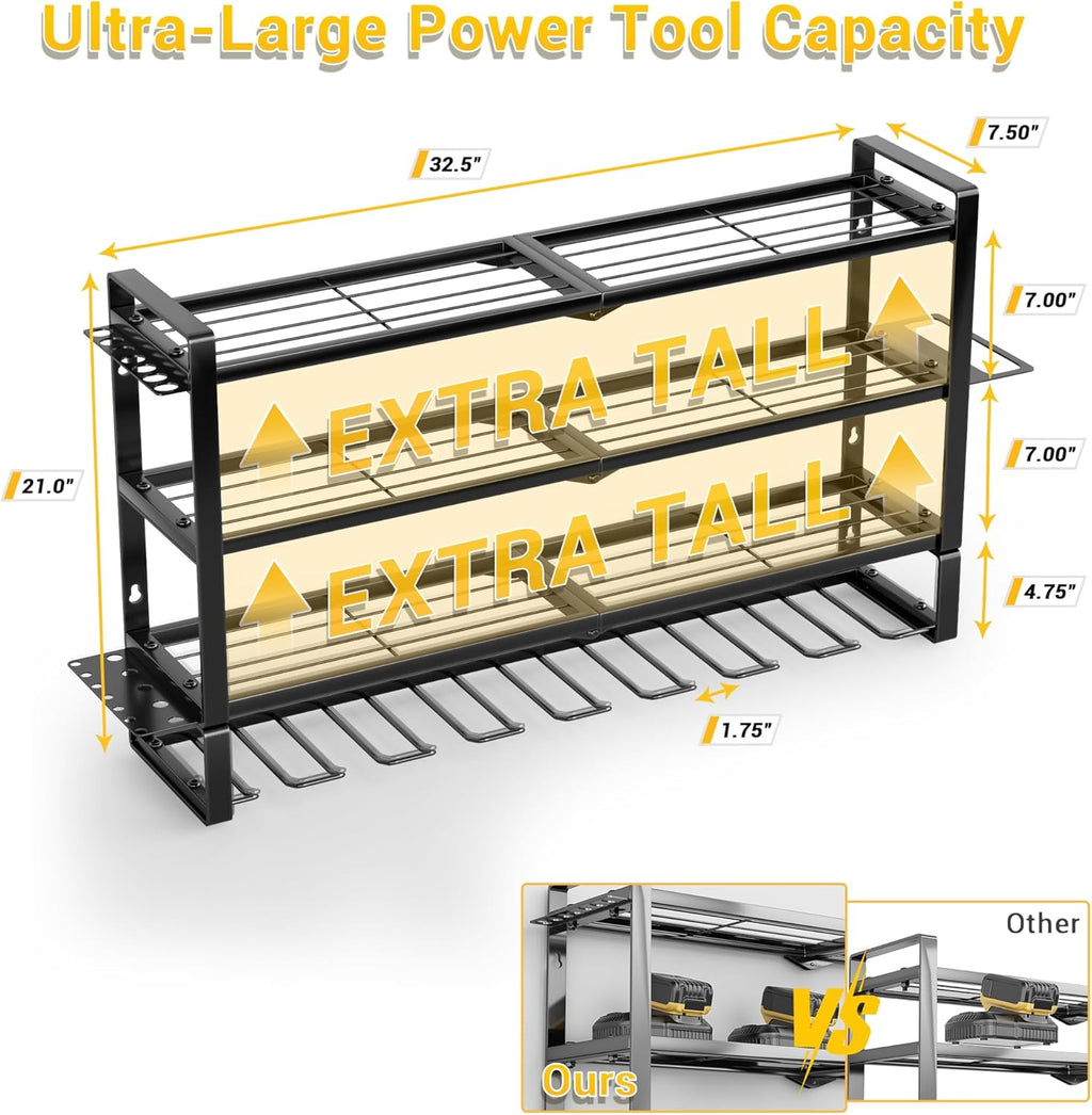 Skiennix Heavy Duty Power Tool Organizer - 4 Layers Wall Mount Rack with 8 Cordless Drill Holders | 400lbs Capacity