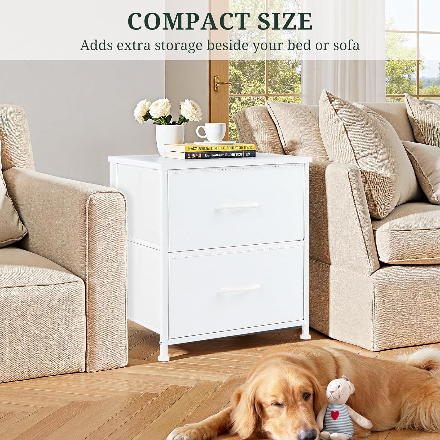 Regine Switzerland Nightstand - Small 2 Drawer Dresser with Wooden Top & Fabric Bins | White, 11.8" D x 18" W x 20" H