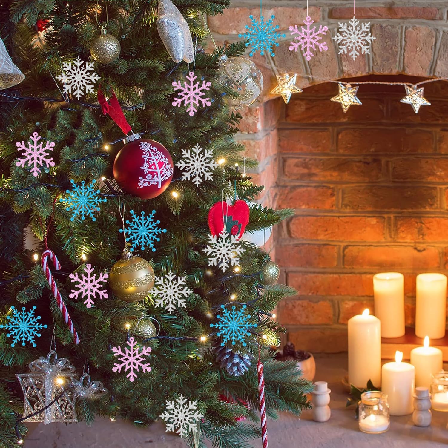 Skiennix Winter Snowflake Hanging Ornaments - Sparkly Ceiling Streamers for Christmas & New Year | Glitter Pink, Blue, Silver
