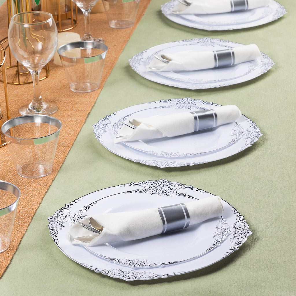 Bestluck 100 Pack Silver Plastic Silverware with Pre Rolled Napkins for 100 Guests, Silver Disposable Utensils Sets Includes 300 Plastic Cutlery, and 100 Napkins for Party & Wedding