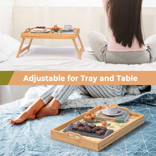 2 Pack Bamboo Bed Tray Table, Breakfast Tray w/Removable Bamboo Curtain & Folding Legs & Handles, Bed Trays for Eating & Reading…