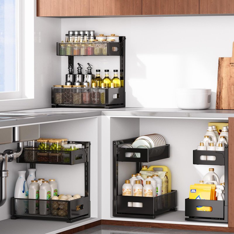 HAIREALM 2 Pack Under Sink Organizer, Adjustable Height Under Sink Organizers and Storage, Smooth & Silent Sliding Out Metal Drawer for Kitchen Bathroom Pantry Cabinet Closet (White)