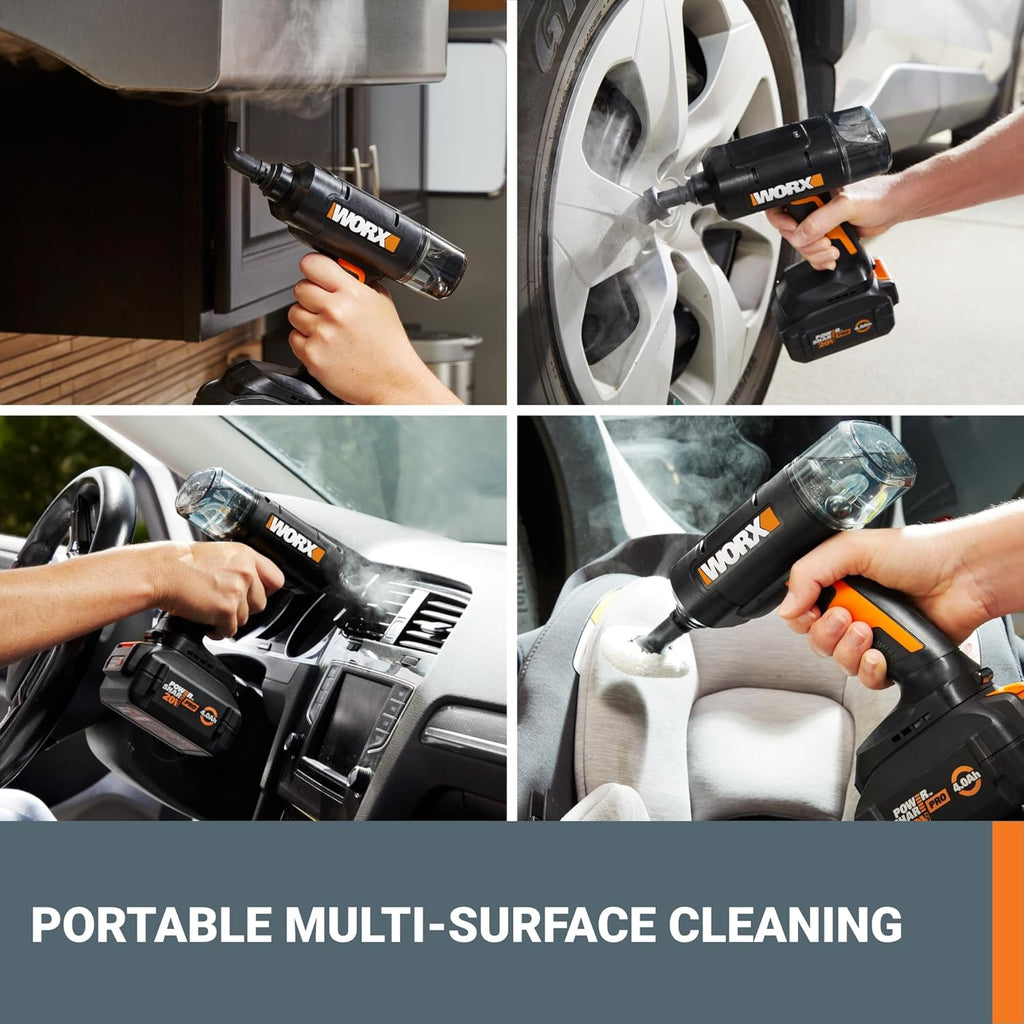 Worx 20V SteamStorm Cordless Handheld Steam Cleaner - Lightweight & Portable with 8-Second Preheat | Includes Accessories