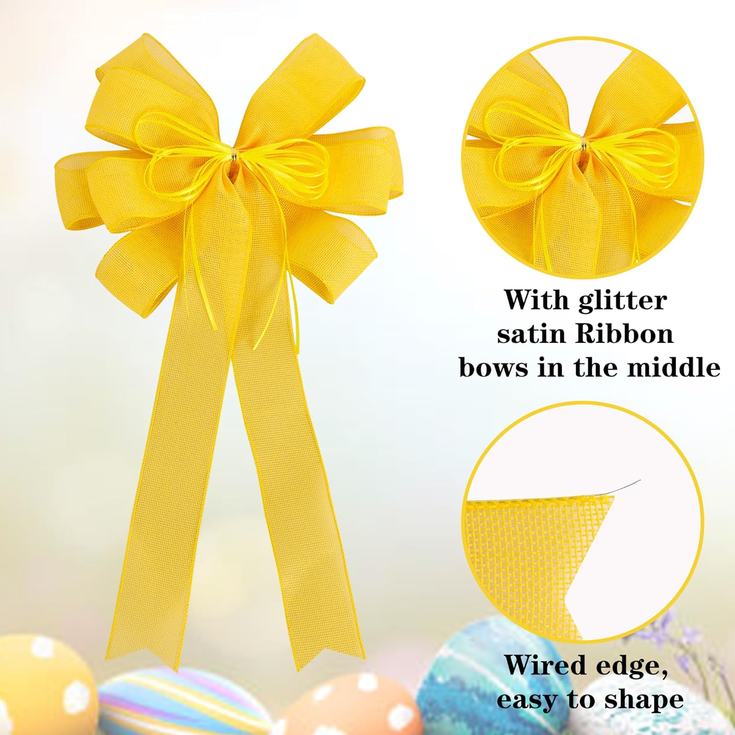 Skiennix 2 Pack Yellow Christmas Tree Bows - 12x20 Inch Large Burlap Wreath Bows with Glitter String for Festive Decor