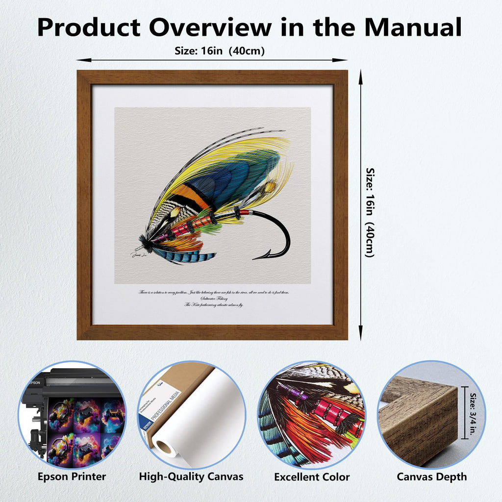 Framed Fly Fishing Art Print Lure Illustration Wall Decor for Anglers' Spaces Fishing - Themed Painting Poster Prints, Outdoor - Ideal for Man Caves, Offices and Lure Lovers' Spaces 16" x 16"