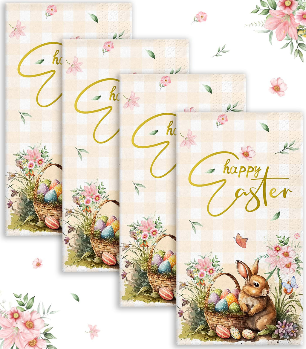 100 Pcs Happy Easter Napkins - Spring Bunny Flower Easter Eggs Disposable Decorative Paper Napkins for Bathroom Party Supplies Table Decor