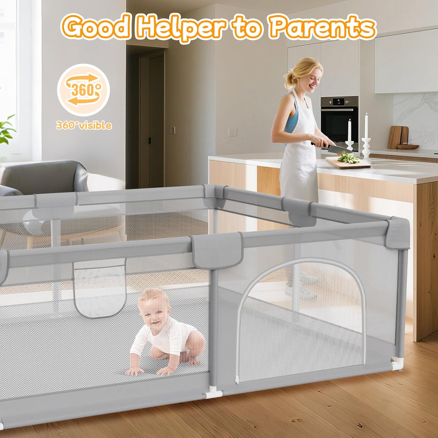 Skiennix Large Baby Playpen - Breathable Mesh Safety Playard with 2 Handles | 74"x50" Grey Activity Center for Indoor & Outdoor Use