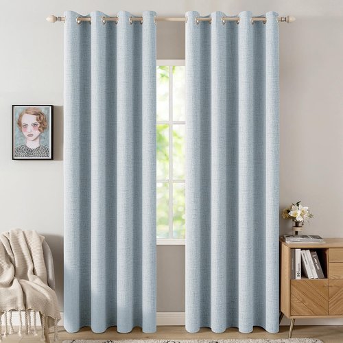MIULEE 90-Inch Linen Textured Curtains - 100% Blackout Thermal Insulated Chambray Blue | Luxury Room Darkening Drapes (2 Panels)