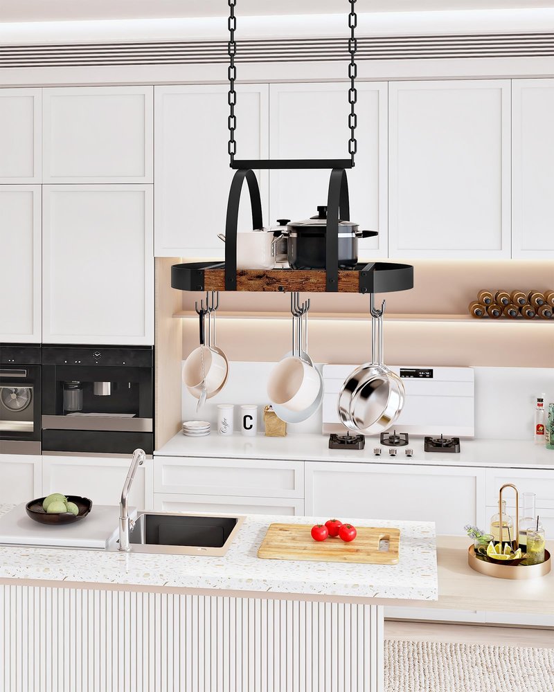 CHOEZON Hanging Pot Rack, Pot Hanger for Kitchen, Ceiling Mounted Pot Holder, Cookware Organizer with 9 S-Shaped Hooks, for Pot, Pan Storage, Space-Saving, Rustic Brown and Black TPR07BF