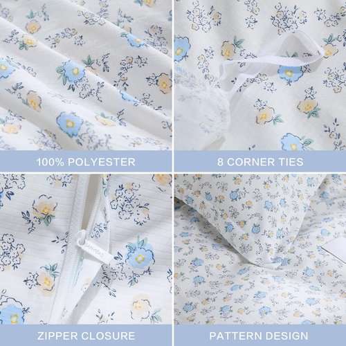 SAPHREAS Blue Yellow White Floral Duvet Cover Set Soft Microfiber Bedding Set Garden Style Spring 3pcs King Size 1 Duvet Cover with Zipper Closure 8 Ties 2 Pillow Shams