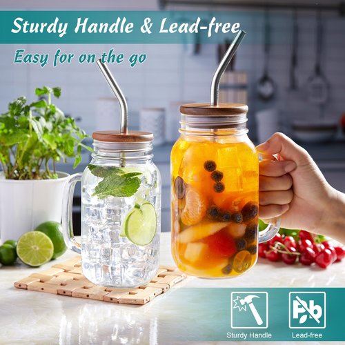 DRASTAR Glass Cups for Iced Coffee, 24oz Mason Jar with Lid and Straw, Mason Jar Coffee Cup, Mason Jars with Handle Drinking Glasses Set of 2