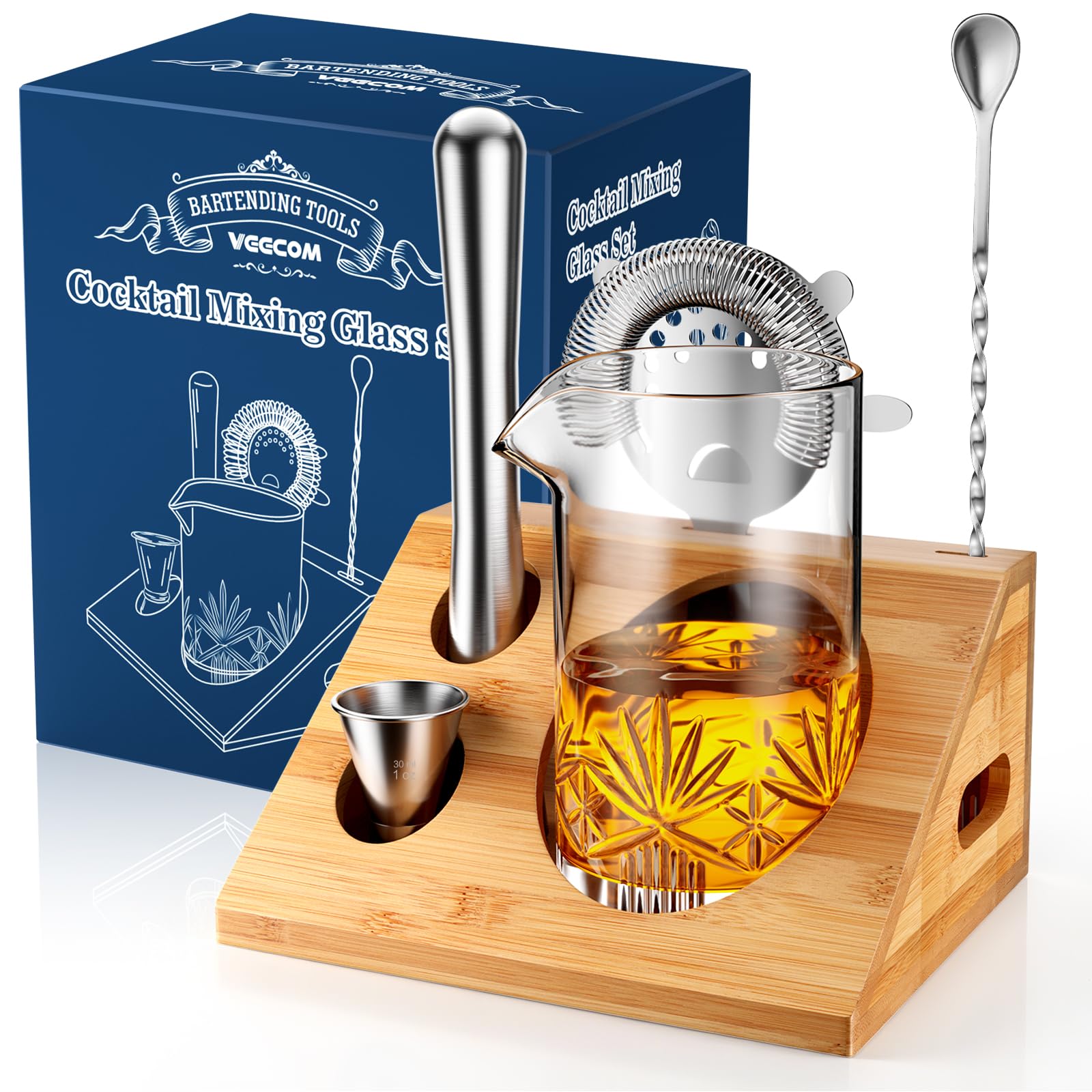 Cocktail Mixing Glass, veecom 6 Piece Crystal Bar Mixing Glass Bartender Set with Bamboo Stand, 18oz Old Fashioned Kit Cocktail Beaker Glass Set with Strainer, Muddler, Spoon, Jigger